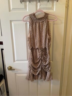 Beige Polka Dot Ruched Mini Dress